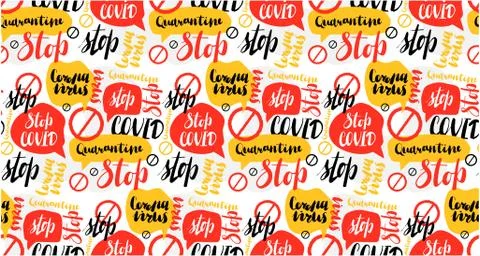 Pattern with hand drawn lettering about coronavirus quarantine. Red and yellow Stock Illustration