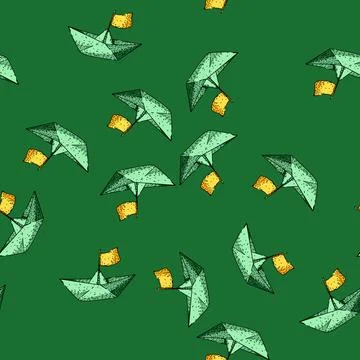 Pattern Hand drawn paper boat representing journey imagination Stock Illustration