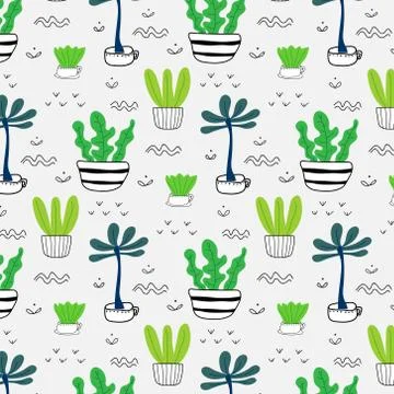 Pattern With Hand Drawn Plants In Pots. Vector Illustration Background. Stock Illustration