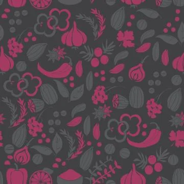 Pattern with hand drawn spices and herbs. Medicinal, cosmetic, culinary plants Stock-Illustration