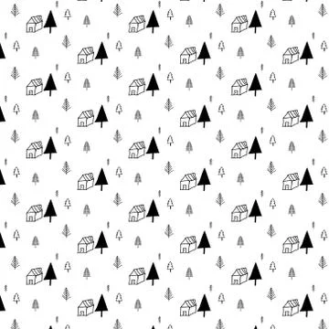 Pattern with hand drawn tree and home. Stock Illustration