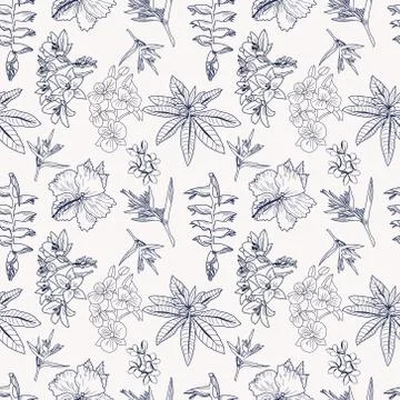 Pattern of hand drawn tropical exotic flowers, leaves, jungle plants. Stock Illustration
