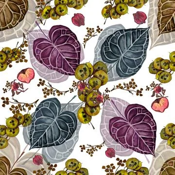 Pattern of hand drawn watercolour dried roses,dry plants,Boho style,autumn Stock Illustration