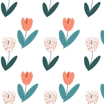 Pattern of hand drawn white and pink tulips 스톡 일러스트