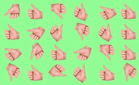 A pattern with a hand that shows the like gesture on a mint background. Foto stock