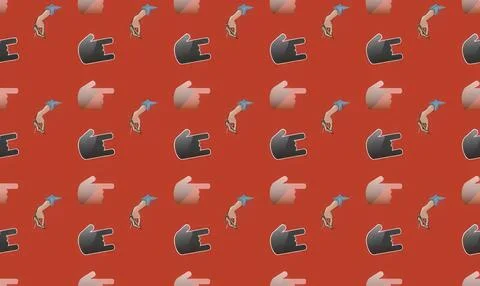 Pattern of hands pointing at blue bird on red background Stock Illustration
