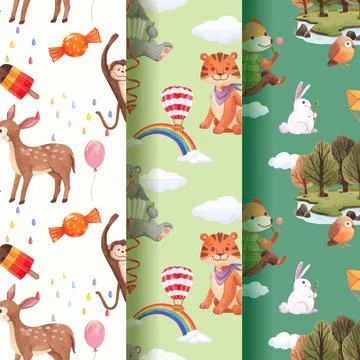 Pattern with happy animals concept design watercolor illustration Stock Illustration
