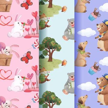 Pattern with happy animals concept design watercolor illustration Stock Illustration