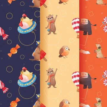 Pattern with happy animals concept design watercolor illustration Stock Illustration