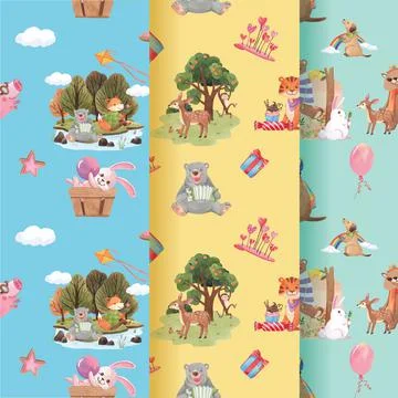 Pattern with happy animals concept design watercolor illustration Stock Illustration