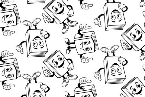 Pattern of happy book characters giving thumbs up in black and white. Stock Illustration