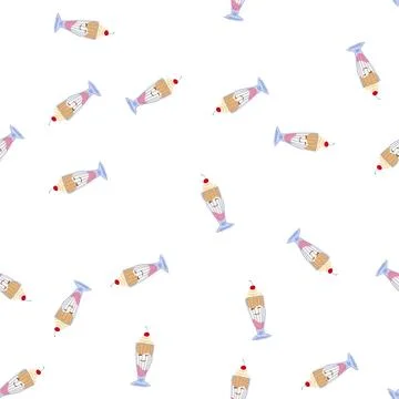Pattern happy face kawaii milkshake drink with cherry topping Illustrazione stock