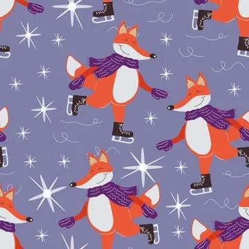 Pattern of a happy fox skating on the ice Stock Illustration