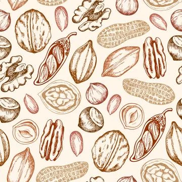 Pattern with hazelnut, walnut and peanut. Stock Illustration