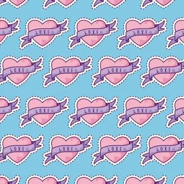 Pattern with heart and ribbon, patch style Illustrazione stock
