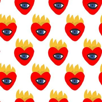 Pattern with a heart in flame. Romance, passion and love on fire concept. Hand Illustrazione stock