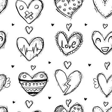 Pattern of heart shapes with various designs including love, broken hearts,.. Stock Illustration