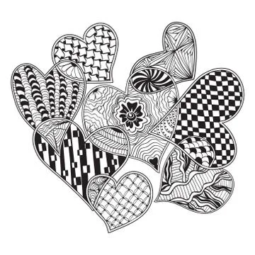 Pattern of hearts ornate zentangle style decorative symbol. Illustrazione stock