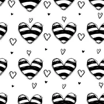 Pattern of hearts with stripes and smaller hearts on a white background for.. Illustrazione stock