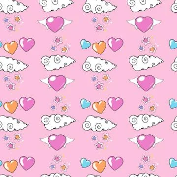 Pattern with hearts with wings, clouds with stars and multicolored hearts イラスト素材