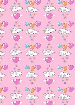 Pattern with hearts with wings, clouds with stars and multicolored hearts Stock Illustration