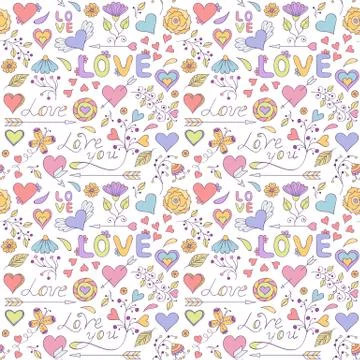 Pattern with hearts,flowers and other elements Stock Illustration