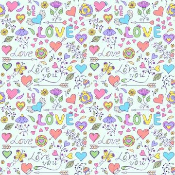 Pattern with hearts,flowers and other elements Stock Illustration