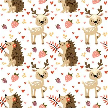 Pattern with hedgehogs and deer. Forest seamless pattern with cute animals. V Stock Illustration