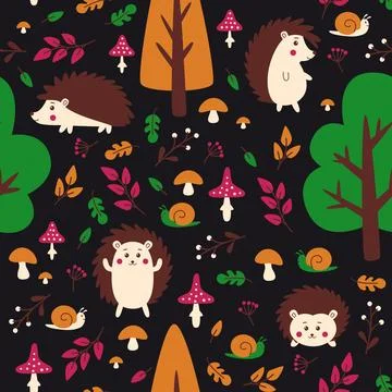Pattern with hedgehogs, mushrooms, trees, mushrooms and snails. Stock Illustration