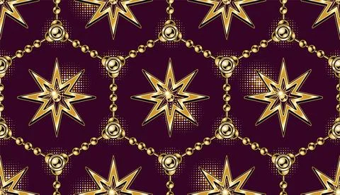 Pattern with hexagonal grid of golden chains, stars 스톡 일러스트