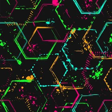 Pattern with hexagons, paint strokes, splatter Stock Illustration