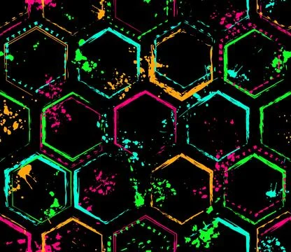 Pattern with hexagons, paint strokes, splatter Stock Illustration
