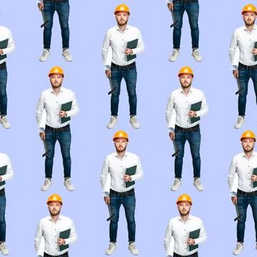 Pattern. High angle view of funny bearded man, builder, designer or architect Stock Photos