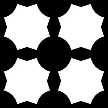 Pattern, high-contrast composition, four interlocking white star-like forms. Stock Illustration