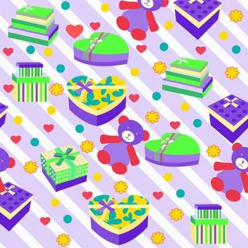 Pattern for holiday with cute gift boxes and teddy bear. Stock Illustration