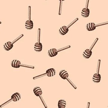 Pattern Honey dipper stick black white engraving drawing Stock Illustration