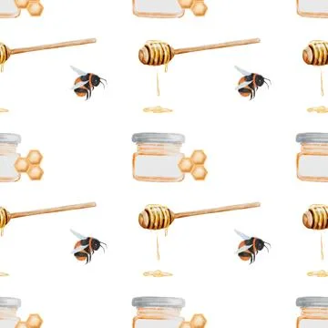 Pattern honey in jars and bees watercolor. Hand drawn seamless pattern. Clip art Stock Illustration