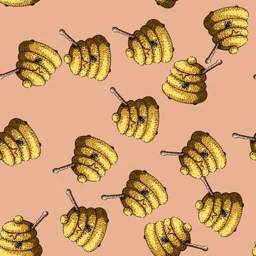 Pattern Honey pot with dipper and bee drawing Stock Illustration