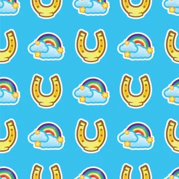 Pattern horse shoe and rainbow with white clouds and stars on blue background 스톡 일러스트