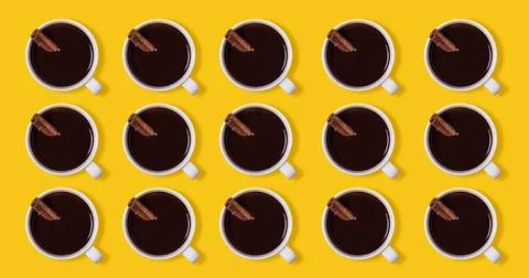 Pattern Hot chocolate cups with cinnamon. Warming winter or autumn drink c... Stock Photos