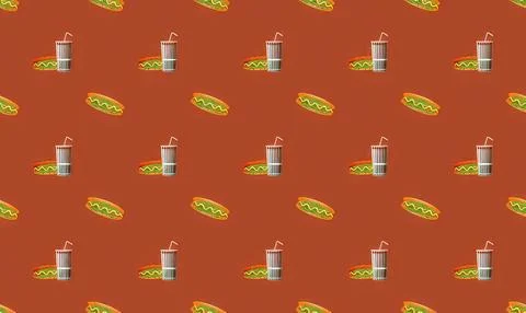 Pattern of hot dogs and drinks on a brown background Stock Illustration