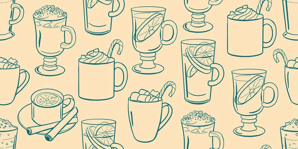 Pattern with hot winter drinks, cocoa, mulled wine, chocolate, eggnog, pepper Stock Illustration