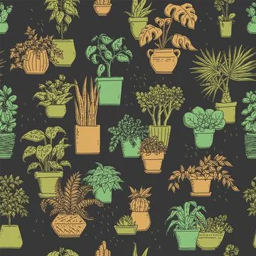 Pattern house plants. Vector seamless background green and orange houseplant in Stock Illustration