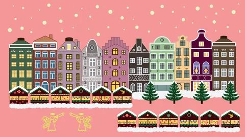 Pattern houses. Vector illustration. Illustration on pink, brown and neutral col Illustrazione stock