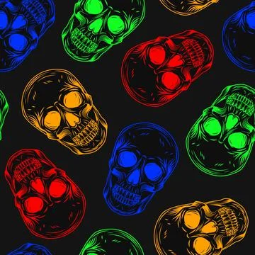 Pattern with human skulls in bright neon colors Stock Illustration