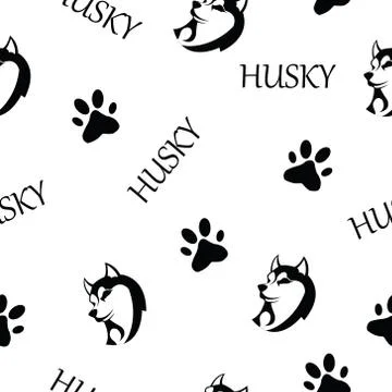 Pattern - husky silhouette. Very beautiful dog with text and paw prints. Stock Illustration