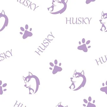 Pattern, husky silhouette. Very beautiful dog with text and paw prints. Stock Illustration