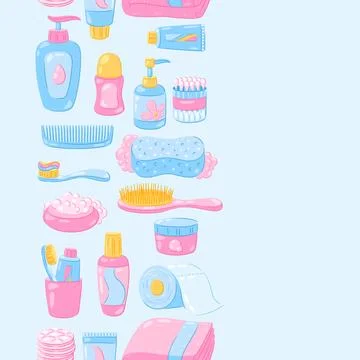 Pattern with hygiene objects. Washing, beauty, body care. Personal hygiene an Illustrazione stock