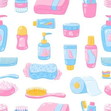 Pattern with hygiene objects. Washing, beauty, body care. Personal hygiene an Illustrazione stock