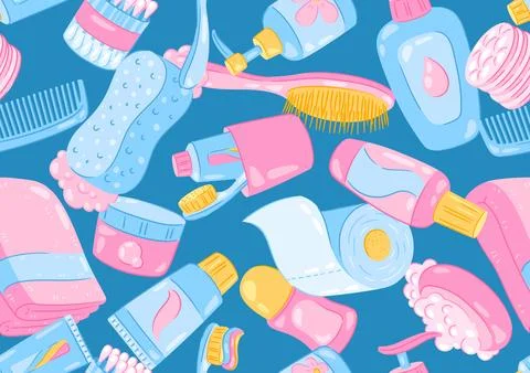 Pattern with hygiene objects. Washing, beauty, body care. Personal hygiene an イラスト素材